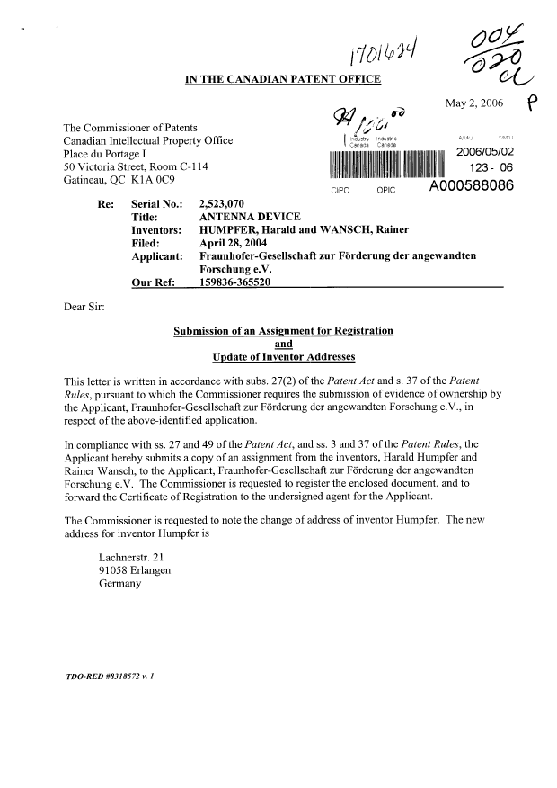 Canadian Patent Document 2523070. Correspondence 20060502. Image 1 of 2