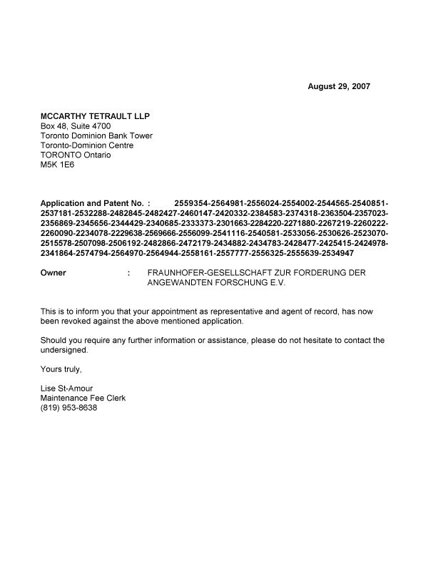 Canadian Patent Document 2523070. Correspondence 20070829. Image 1 of 1