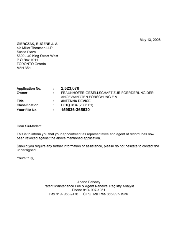 Canadian Patent Document 2523070. Correspondence 20080513. Image 1 of 1