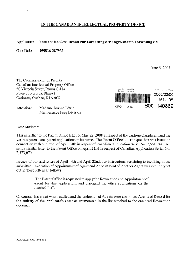 Canadian Patent Document 2523070. Correspondence 20080606. Image 1 of 8