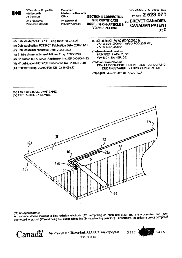 Canadian Patent Document 2523070. Cover Page 20100304. Image 1 of 3