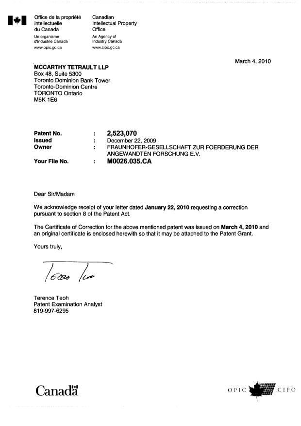 Canadian Patent Document 2523070. Prosecution-Amendment 20100304. Image 1 of 2