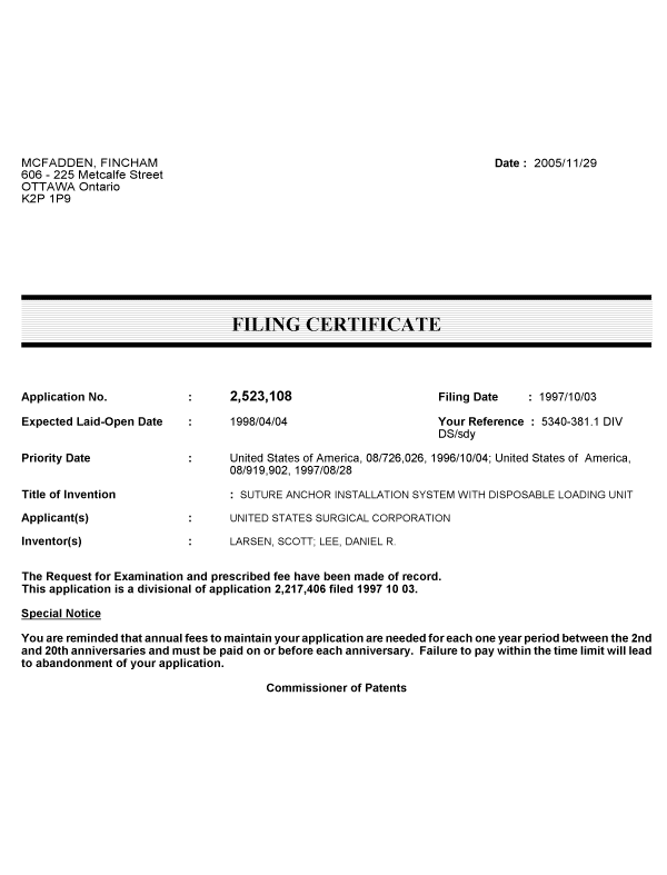 Document de brevet canadien 2523108. Correspondance 20051129. Image 1 de 1