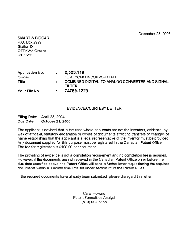 Document de brevet canadien 2523119. Correspondance 20051222. Image 1 de 1
