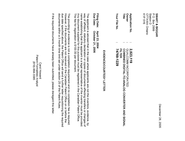 Canadian Patent Document 2523119. Correspondence 20051222. Image 1 of 1