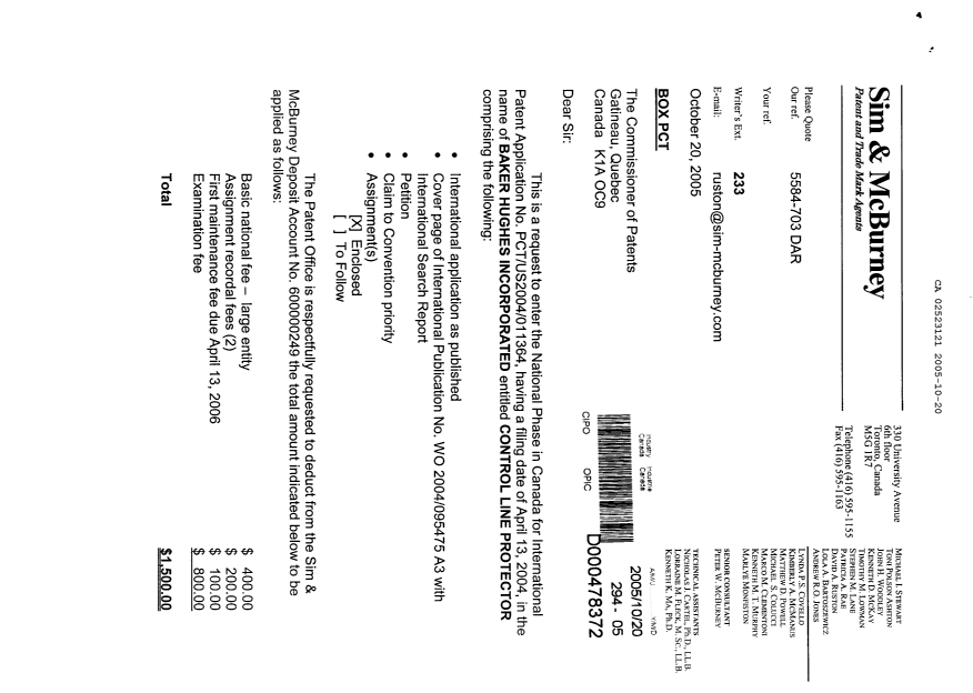 Document de brevet canadien 2523121. Cession 20051020. Image 1 de 10