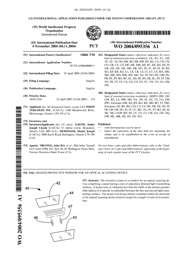 Document de brevet canadien 2523155. Abrégé 20051021. Image 1 de 1
