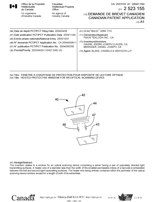 Document de brevet canadien 2523155. Page couverture 20051221. Image 1 de 1