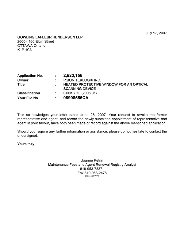 Document de brevet canadien 2523155. Correspondance 20070717. Image 1 de 1