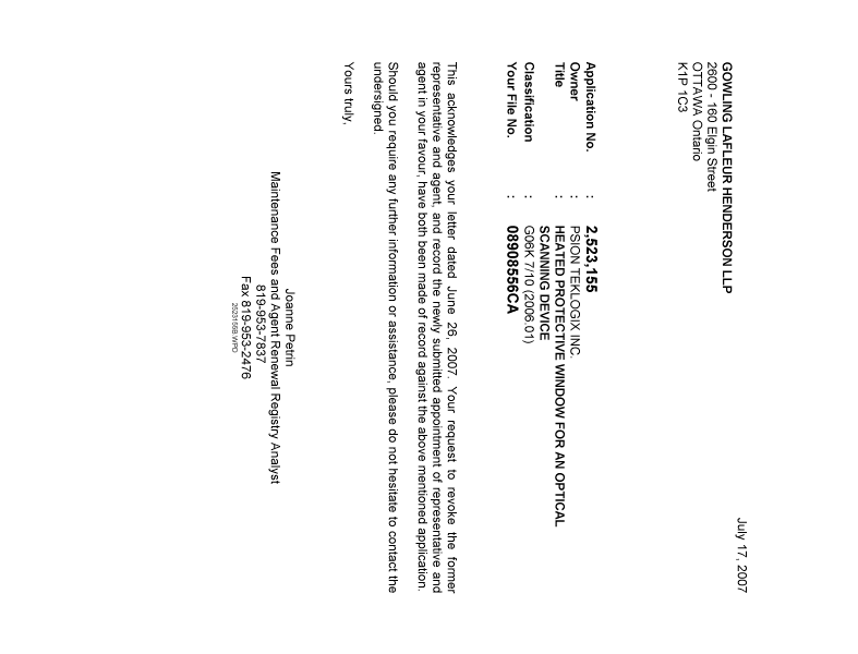 Canadian Patent Document 2523155. Correspondence 20070717. Image 1 of 1