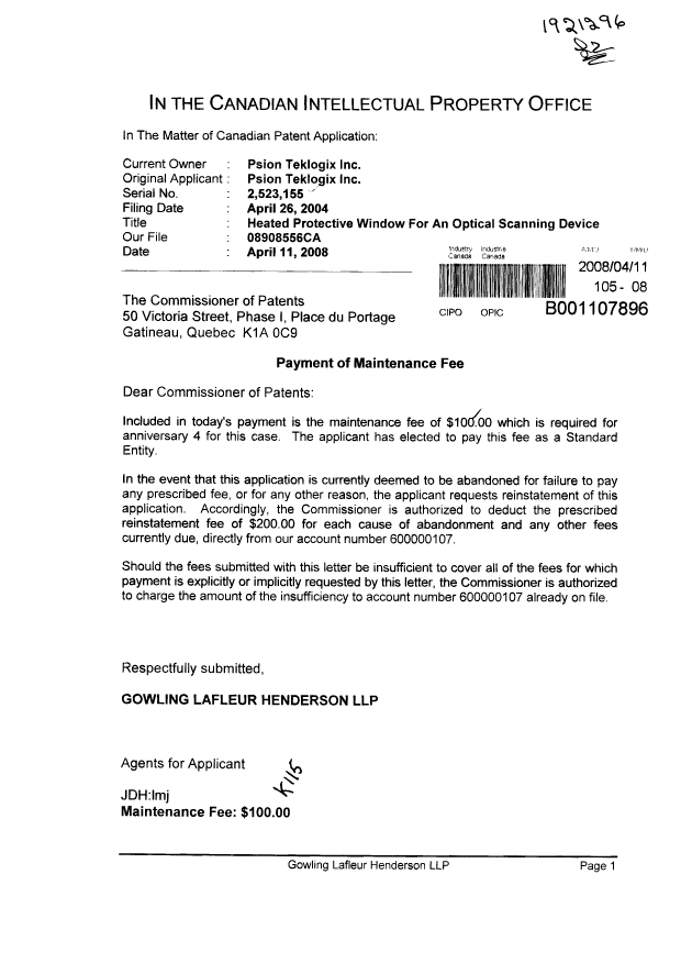 Document de brevet canadien 2523155. Taxes 20080411. Image 1 de 1