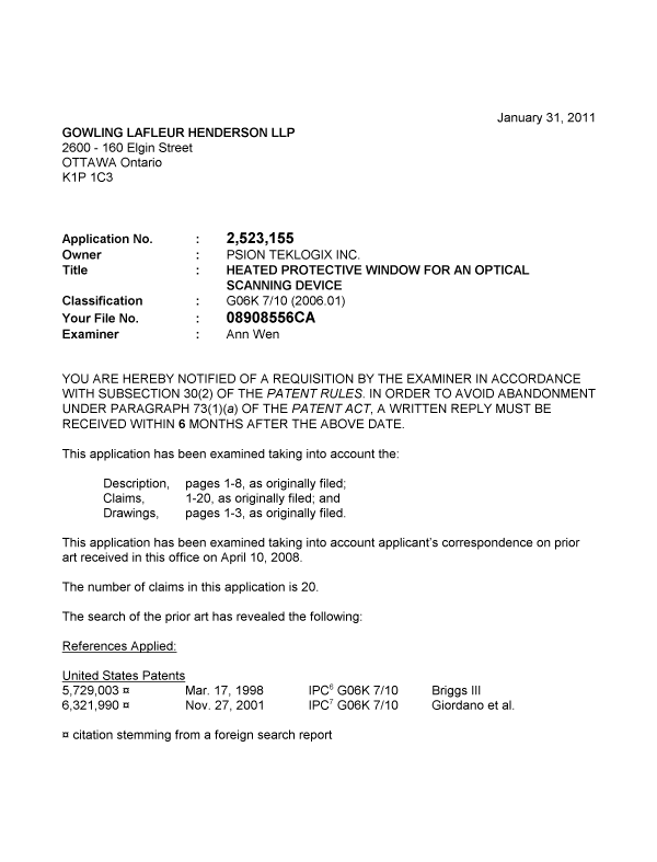 Document de brevet canadien 2523155. Poursuite-Amendment 20110131. Image 1 de 3