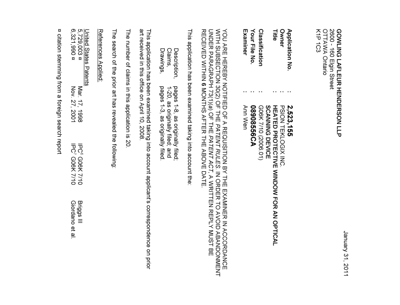 Canadian Patent Document 2523155. Prosecution-Amendment 20110131. Image 1 of 3