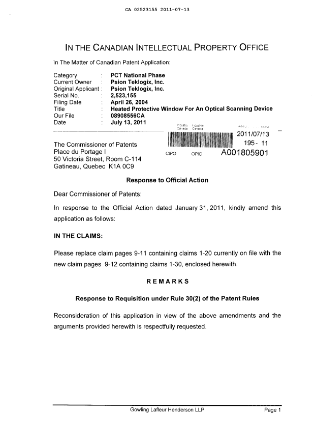 Document de brevet canadien 2523155. Poursuite-Amendment 20110713. Image 1 de 10