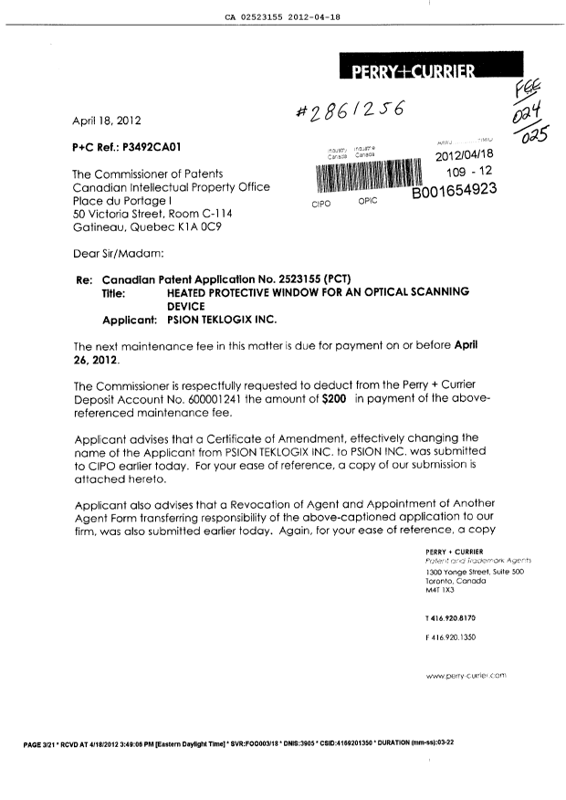 Document de brevet canadien 2523155. Taxes 20120418. Image 1 de 6