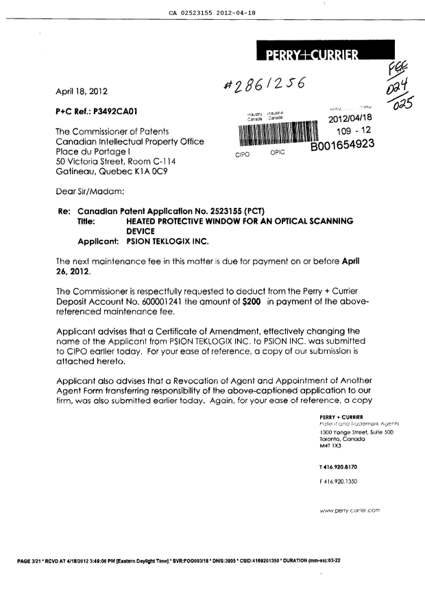 Document de brevet canadien 2523155. Correspondance 20120418. Image 1 de 9
