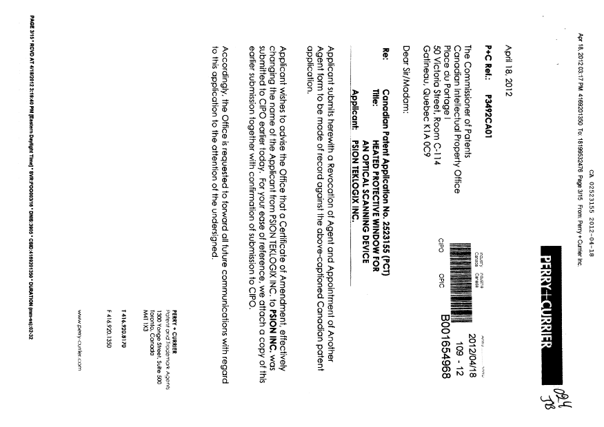 Canadian Patent Document 2523155. Correspondence 20120418. Image 1 of 13