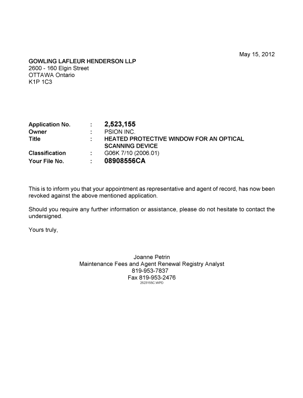 Document de brevet canadien 2523155. Correspondance 20120515. Image 1 de 1