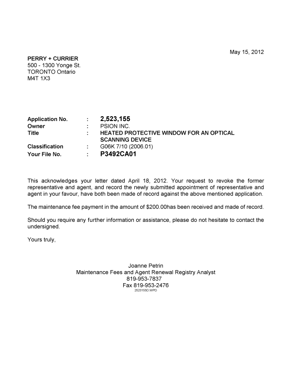 Document de brevet canadien 2523155. Correspondance 20120515. Image 1 de 1