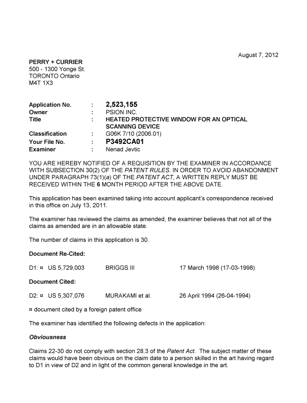Document de brevet canadien 2523155. Poursuite-Amendment 20120807. Image 1 de 2