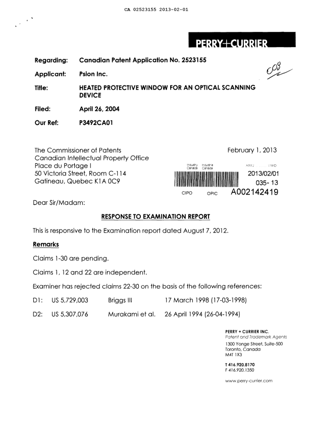 Document de brevet canadien 2523155. Poursuite-Amendment 20130201. Image 1 de 3