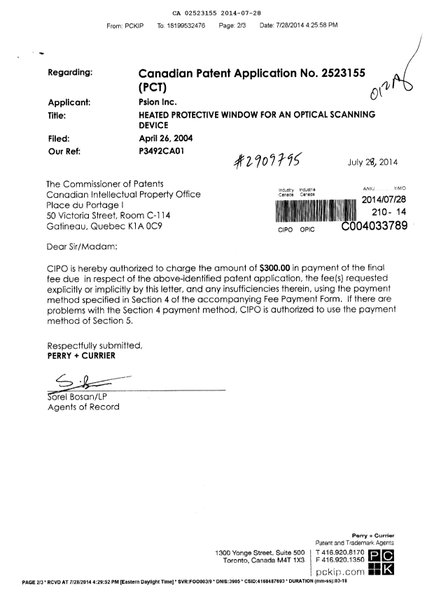 Document de brevet canadien 2523155. Correspondance 20140728. Image 1 de 2