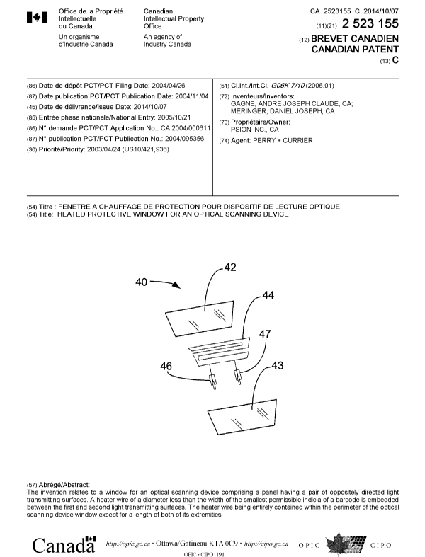 Document de brevet canadien 2523155. Page couverture 20140904. Image 1 de 1