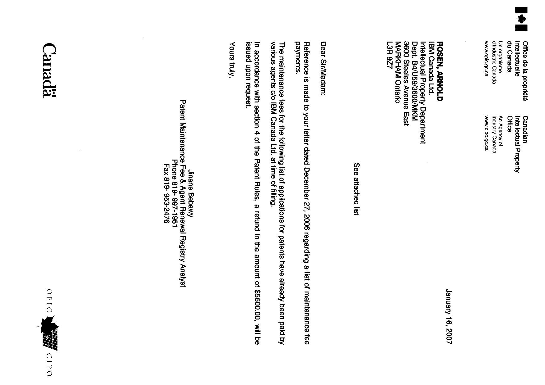 Canadian Patent Document 2523241. Correspondence 20070116. Image 1 of 3
