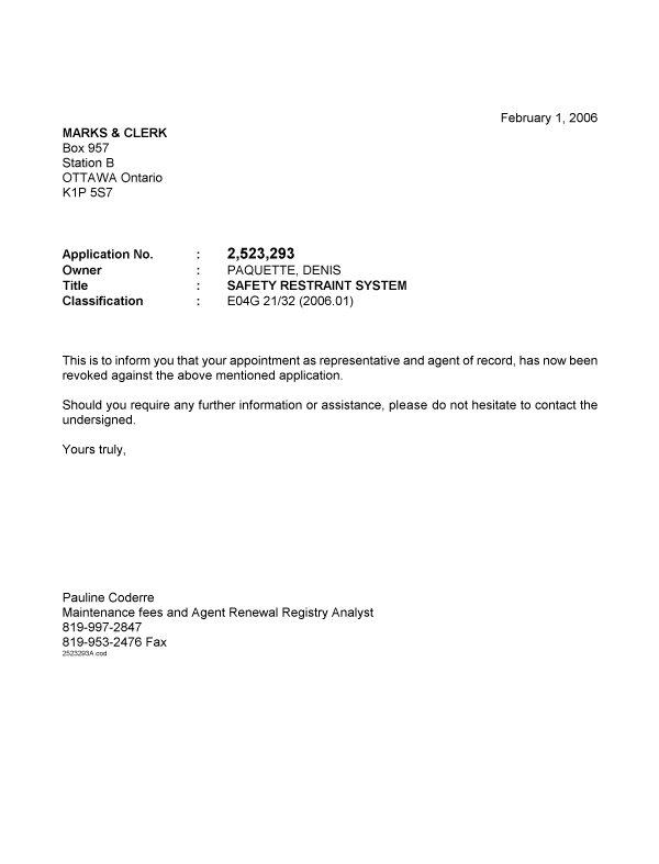 Canadian Patent Document 2523293. Correspondence 20060201. Image 1 of 1