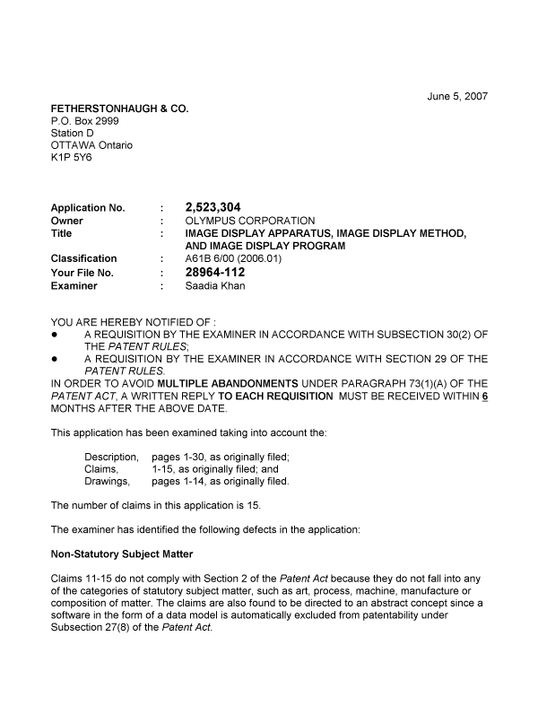 Document de brevet canadien 2523304. Poursuite-Amendment 20070605. Image 1 de 4