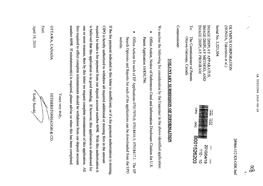 Canadian Patent Document 2523304. Prosecution-Amendment 20100419. Image 1 of 1