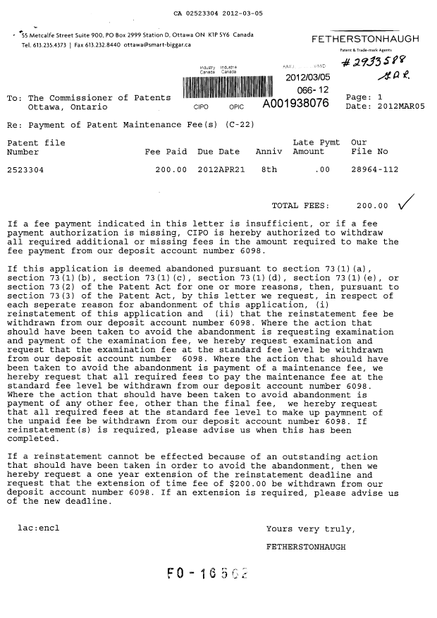 Document de brevet canadien 2523304. Taxes 20120305. Image 1 de 1
