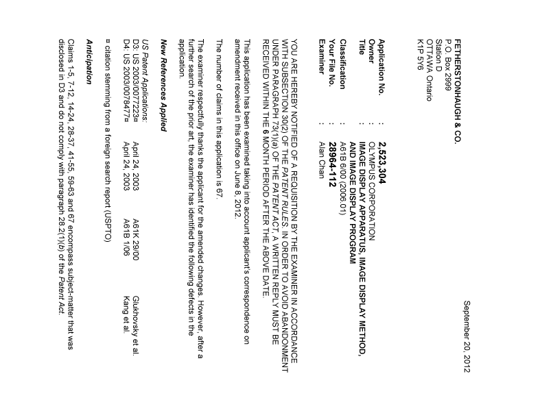 Canadian Patent Document 2523304. Prosecution-Amendment 20120920. Image 1 of 2