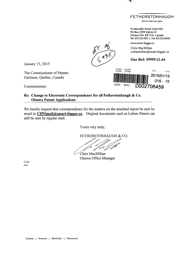 Document de brevet canadien 2523304. Correspondance 20150115. Image 1 de 2