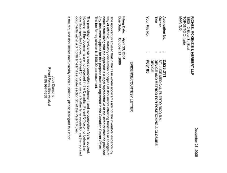Canadian Patent Document 2523311. Correspondence 20051220. Image 1 of 1
