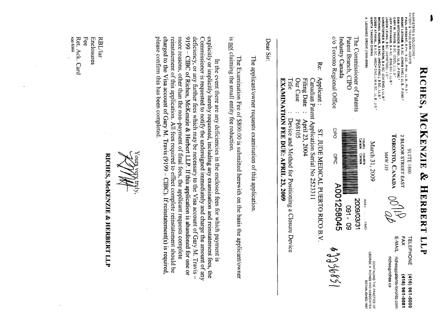 Canadian Patent Document 2523311. Prosecution-Amendment 20090331. Image 1 of 1