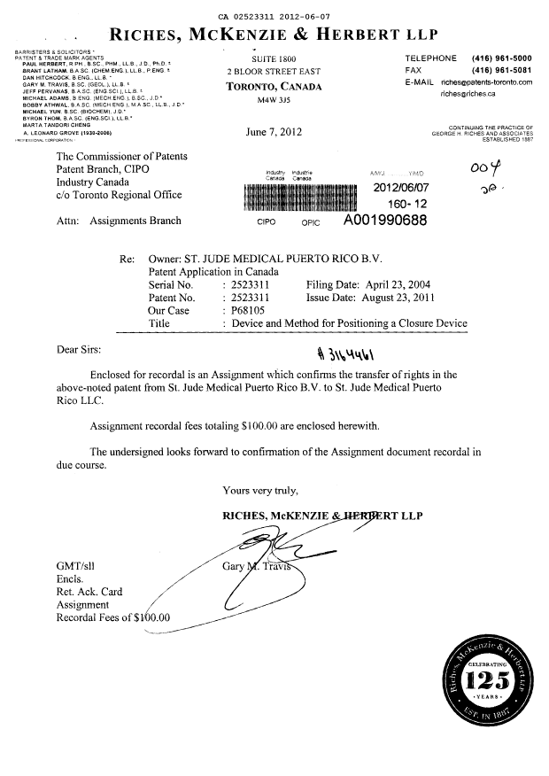 Document de brevet canadien 2523311. Cession 20120607. Image 1 de 3