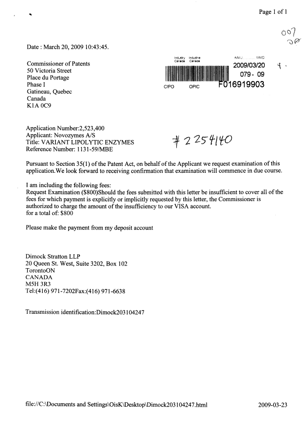 Canadian Patent Document 2523400. Prosecution-Amendment 20090320. Image 1 of 1