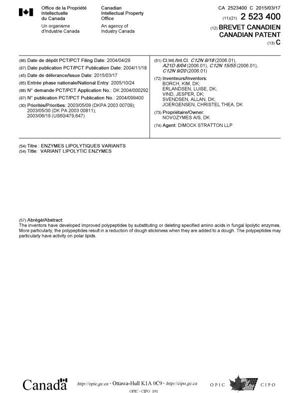 Canadian Patent Document 2523400. Cover Page 20150212. Image 1 of 1