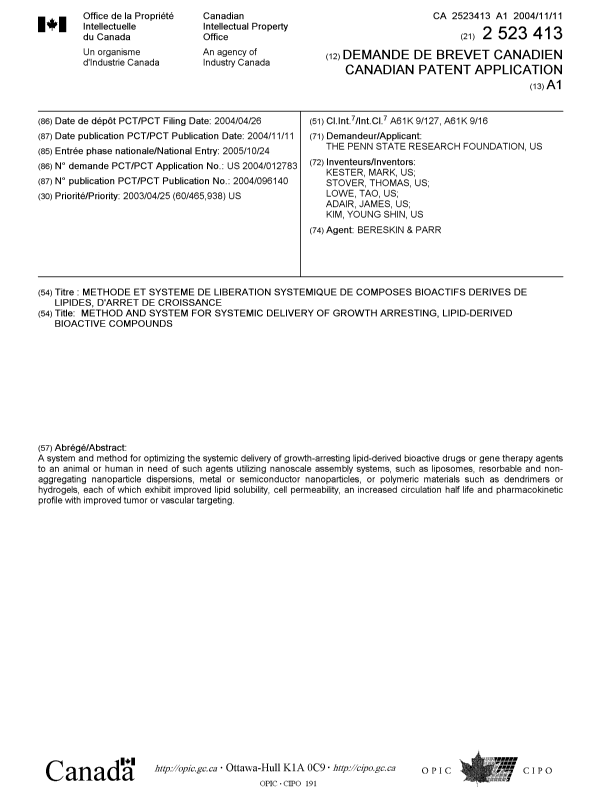 Document de brevet canadien 2523413. Page couverture 20051230. Image 1 de 1