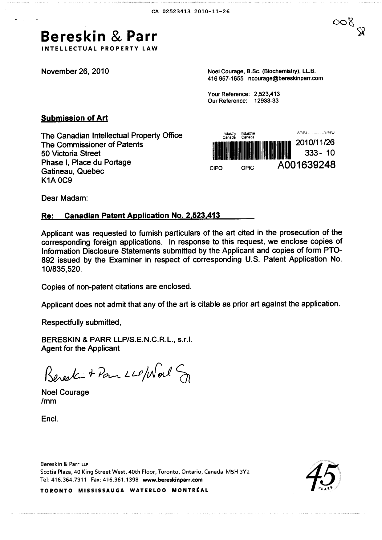 Canadian Patent Document 2523413. Prosecution-Amendment 20101126. Image 1 of 1