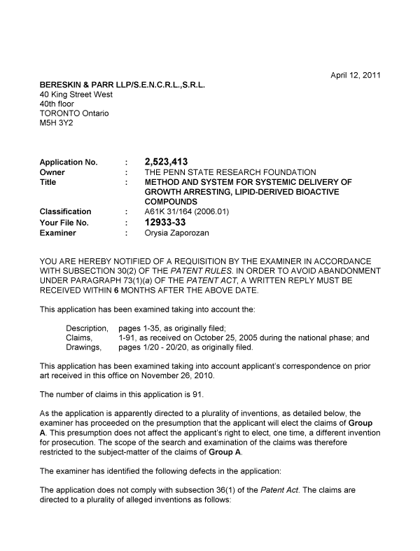 Document de brevet canadien 2523413. Poursuite-Amendment 20110412. Image 1 de 3