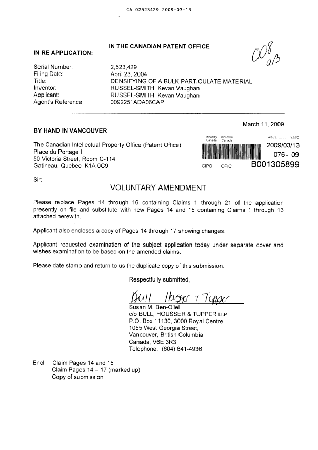 Document de brevet canadien 2523429. Poursuite-Amendment 20090313. Image 1 de 7