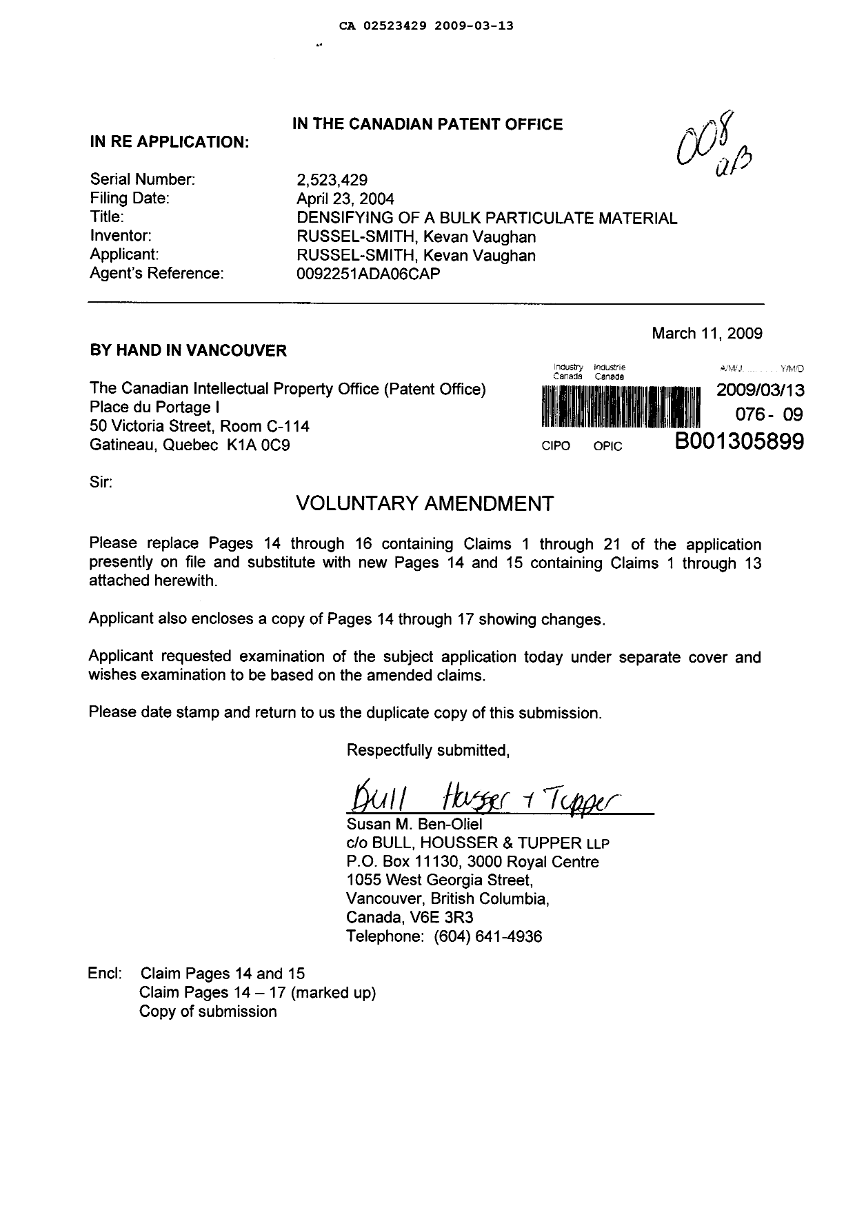 Canadian Patent Document 2523429. Prosecution-Amendment 20090313. Image 1 of 7