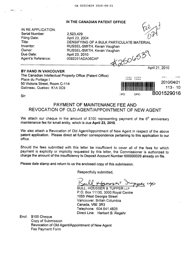 Document de brevet canadien 2523429. Correspondance 20100421. Image 1 de 2