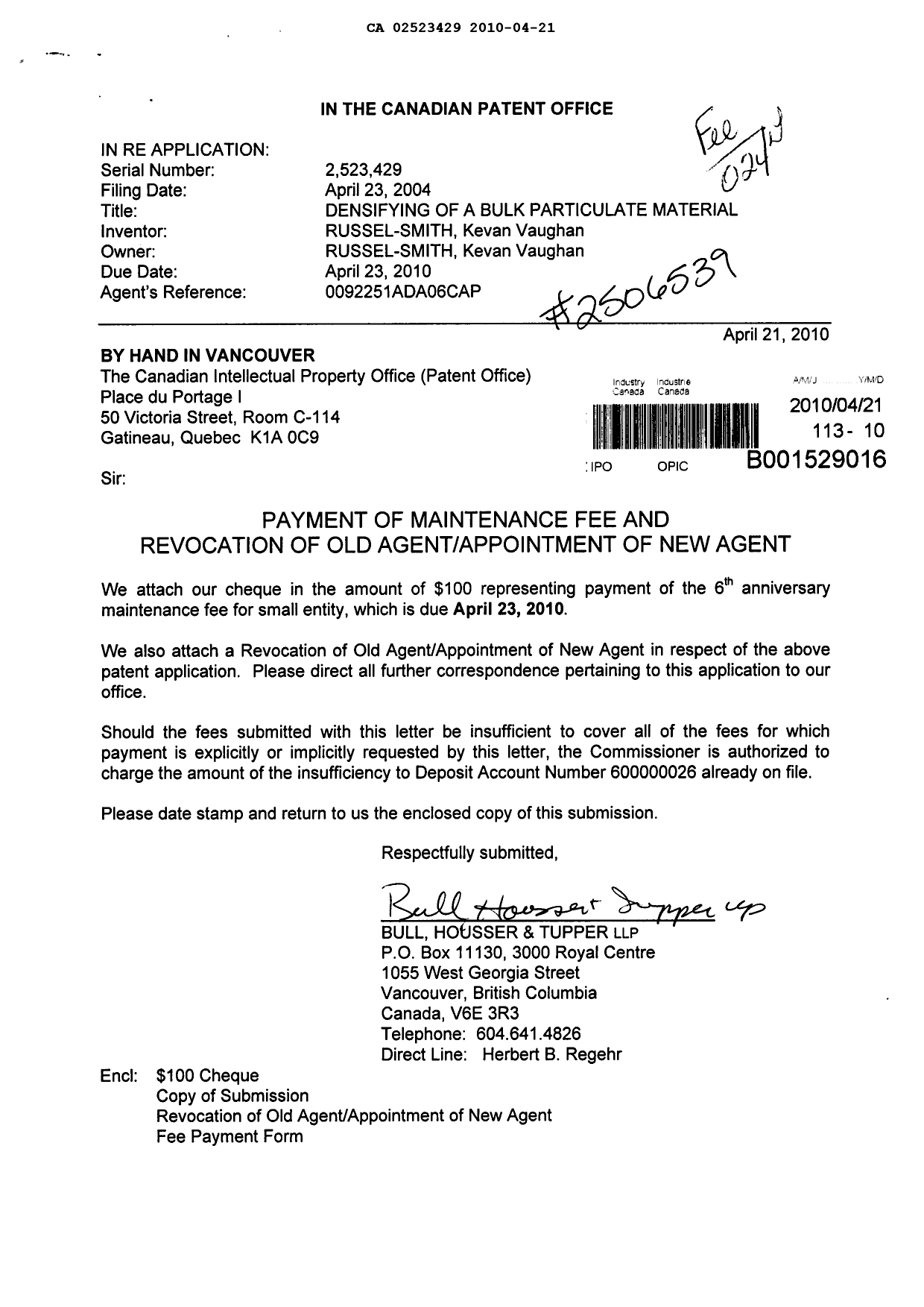 Canadian Patent Document 2523429. Fees 20100421. Image 1 of 1