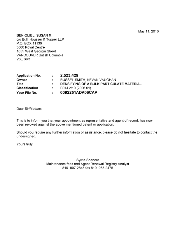 Document de brevet canadien 2523429. Correspondance 20100511. Image 1 de 1