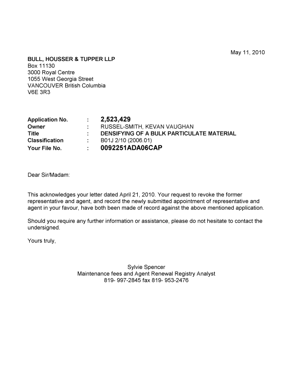 Document de brevet canadien 2523429. Correspondance 20100511. Image 1 de 1