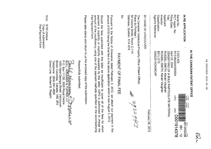 Canadian Patent Document 2523429. Correspondence 20120228. Image 1 of 1