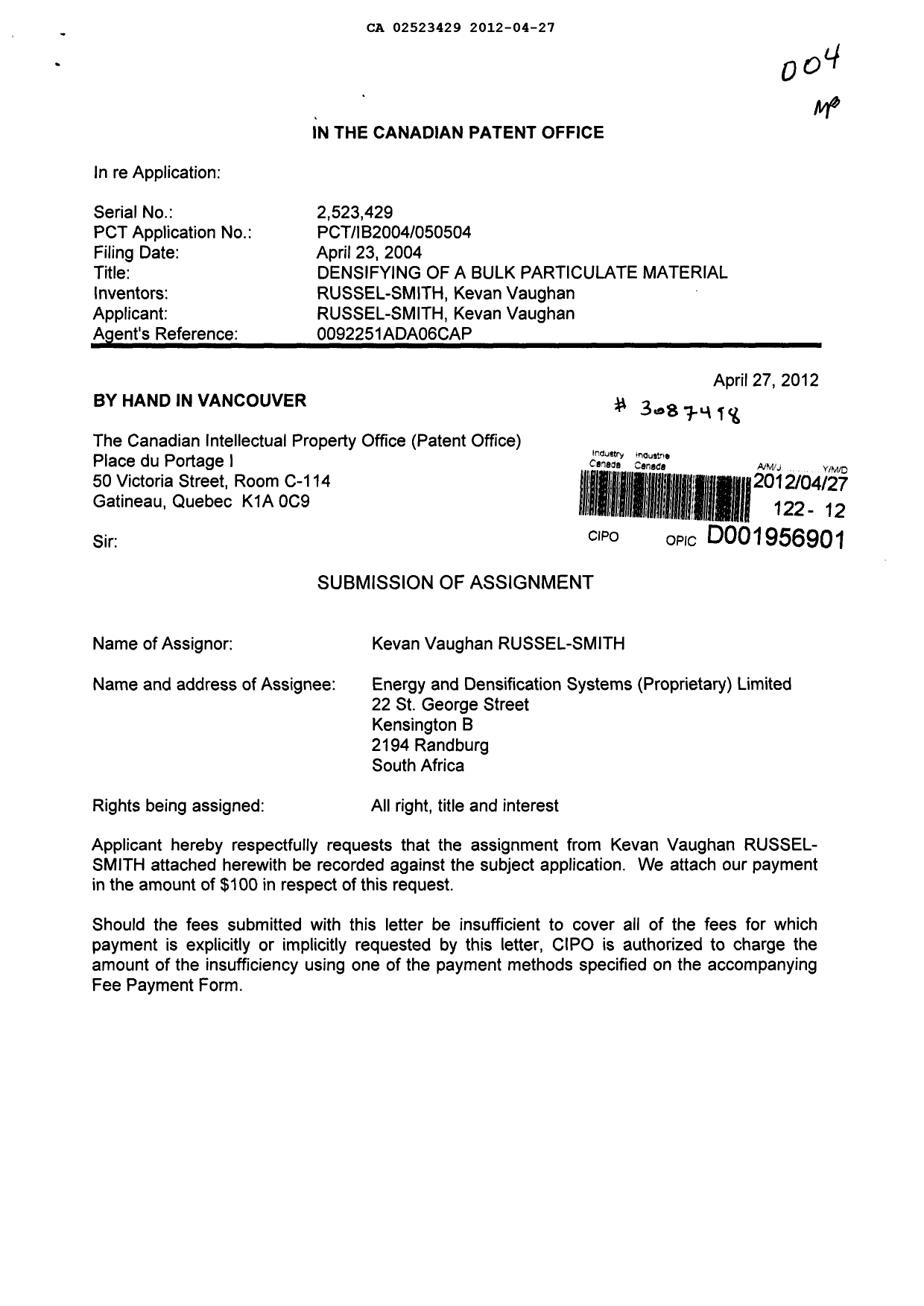 Canadian Patent Document 2523429. Assignment 20120427. Image 1 of 4
